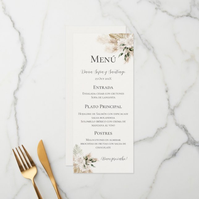 Menu Mariage Boho espagnol (Devant/Arrière en situation)