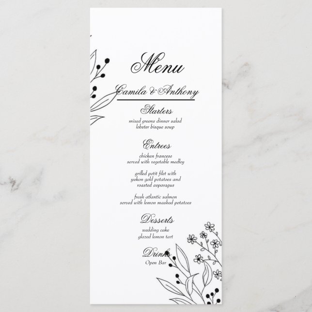 Menu Mariage Boho floral noir et blanc (Devant)