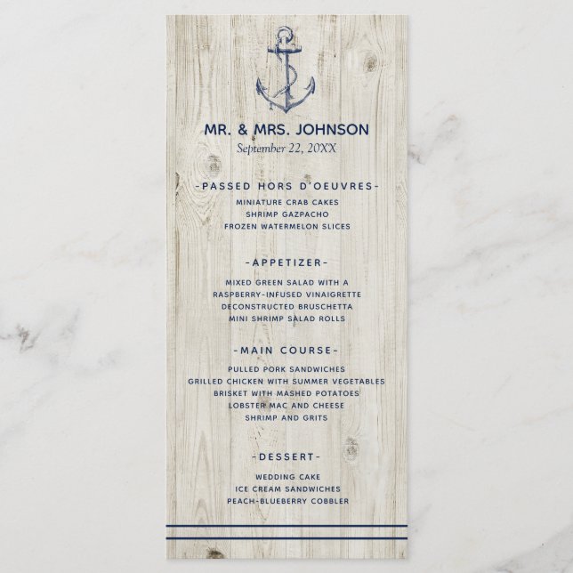Menu Mariage Bois Rustique Ancre Marine Navale (Devant)