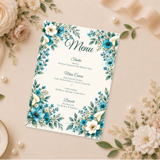 Menu Mariage Botanique Bleu Élégant