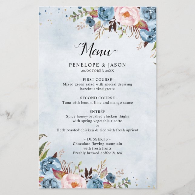 Menu Mariage Botanique Botanique Blush Peach Bleu  (Devant)