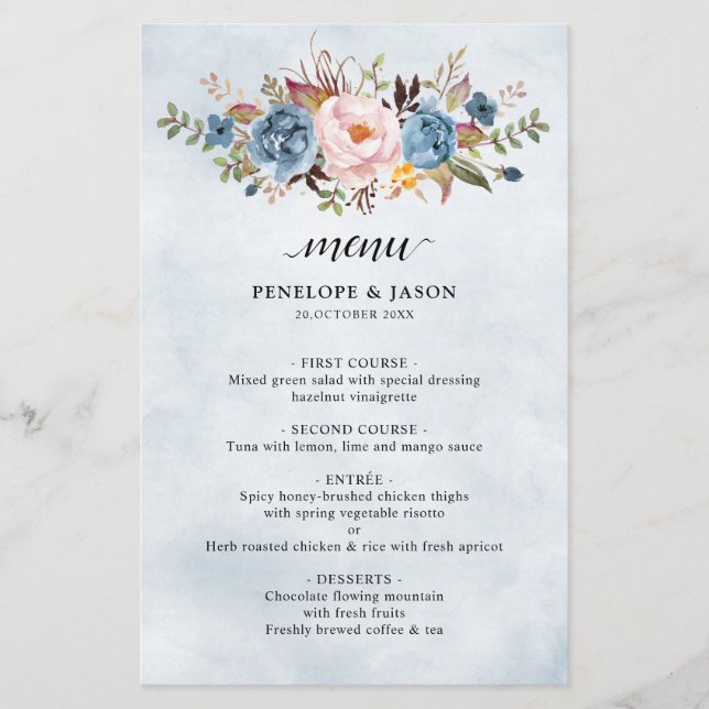 Menu Mariage Botanique Botanique Blush Peach Bleu  (Devant)