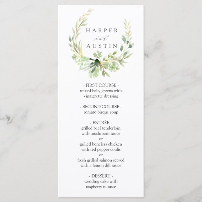 Menu Mariage botanique de la couronne verte (Devant)