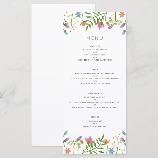 Menu Mariage botanique de pays fleur sauvage (Devant / Derrière)