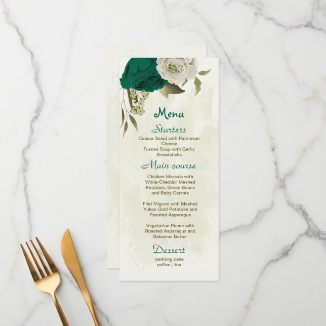 Menu mariage botanique des fleurs beiges vert émeraude (Devant/Arrière en situation)