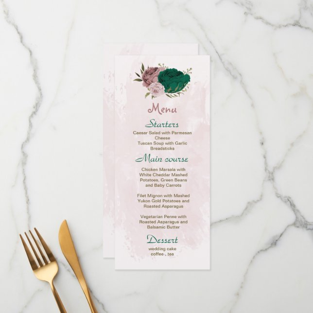 Menu mariage botanique des fleurs vert émeraude rose (Devant/Arrière en situation)