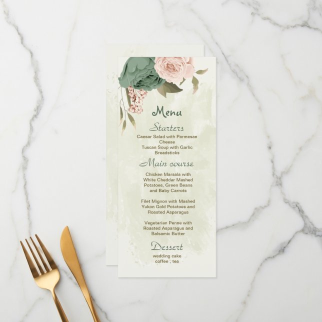Menu mariage botanique des fleurs vert sauge (Devant/Arrière en situation)
