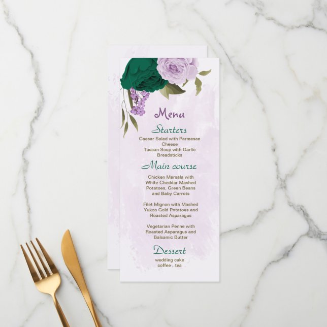 Menu mariage botanique des fleurs violettes vert émerau (Devant/Arrière en situation)