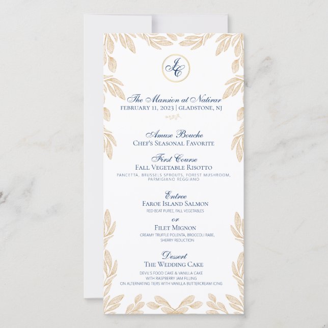 Menu Mariage Botanique Feuille d'or (Devant)