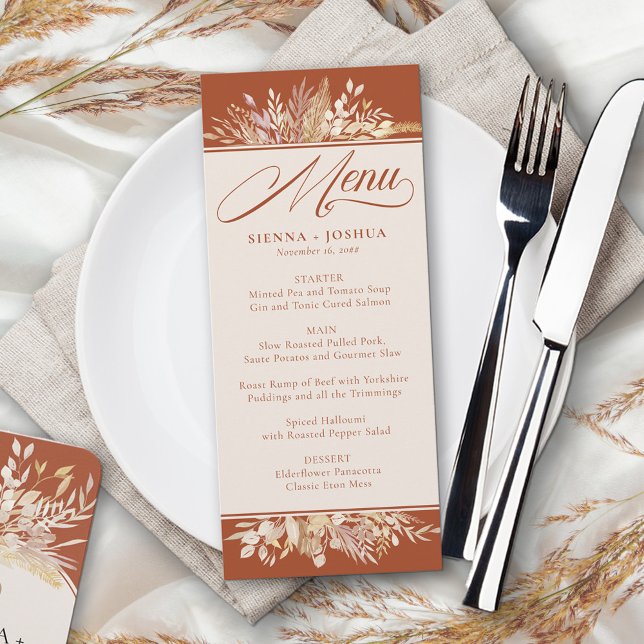 Menu Mariage botanique Foliage Duet Terracotta Cream (Terracotta wedding menu - fully editable in burnt orange and cream)