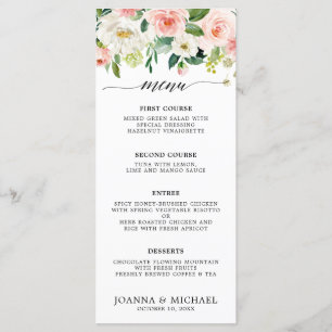 Menu Mariage botanique moderne aux fleurs roses bleues