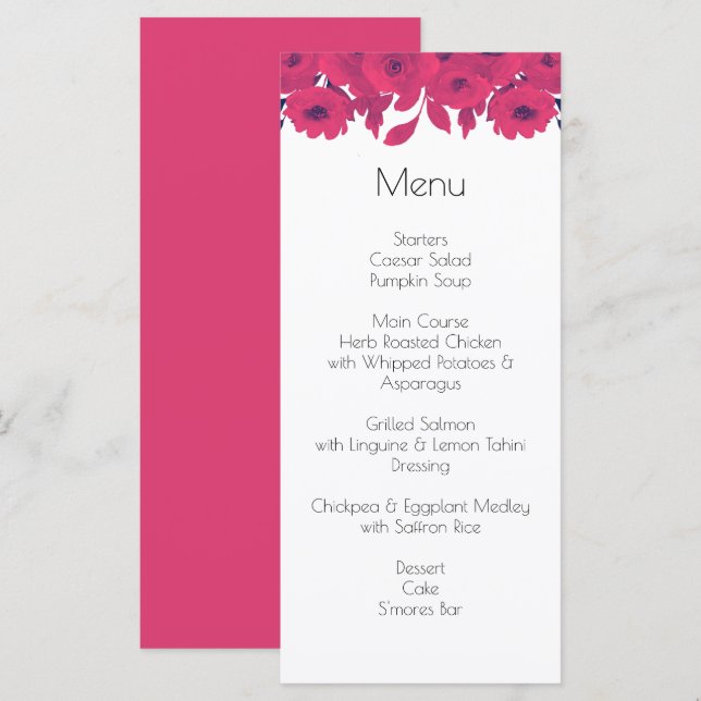 Menu Mariage botanique rose foncé et rose chaud (Devant / Derrière)