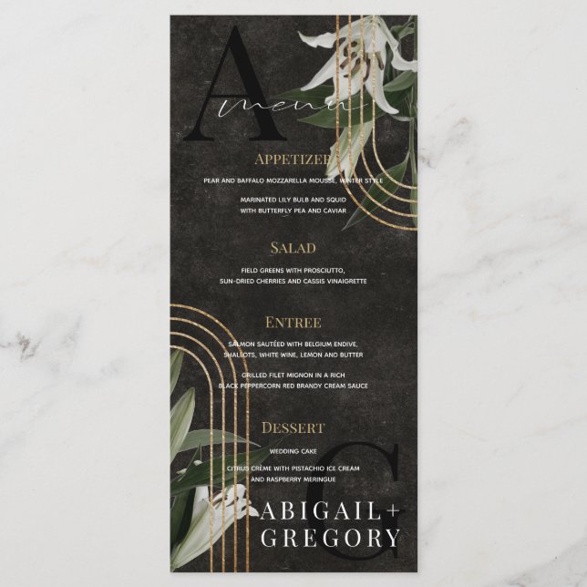 Menu Mariage botanique vert Moody Black foncé (Devant)