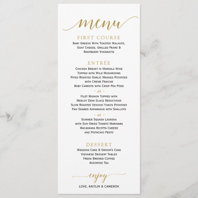 Menu Mariage Calligraphie romantique | 4 x 9 | Or (Devant)