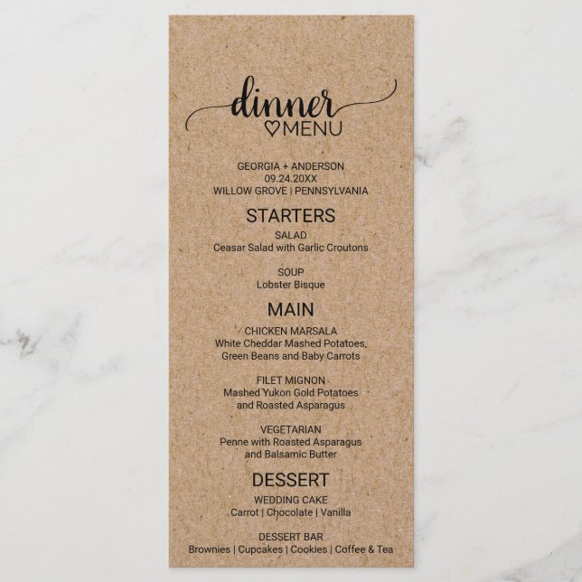Menu Mariage Calligraphie Simple Faux Kraft (Devant)