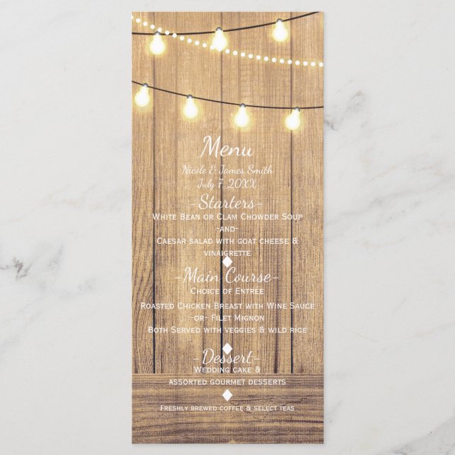 Menu Mariage campagnard Rustic Wood & String Light (Devant)