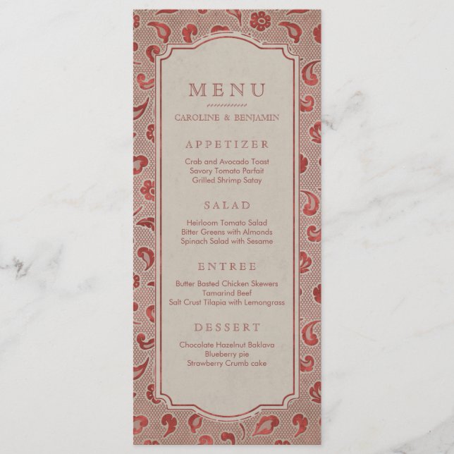 Menu mariage campagnard rustique dentelle rouge Kr (Devant)