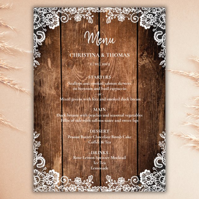 Menu Mariage campagnard rustique en bois et dentelle (Créateur téléchargé)