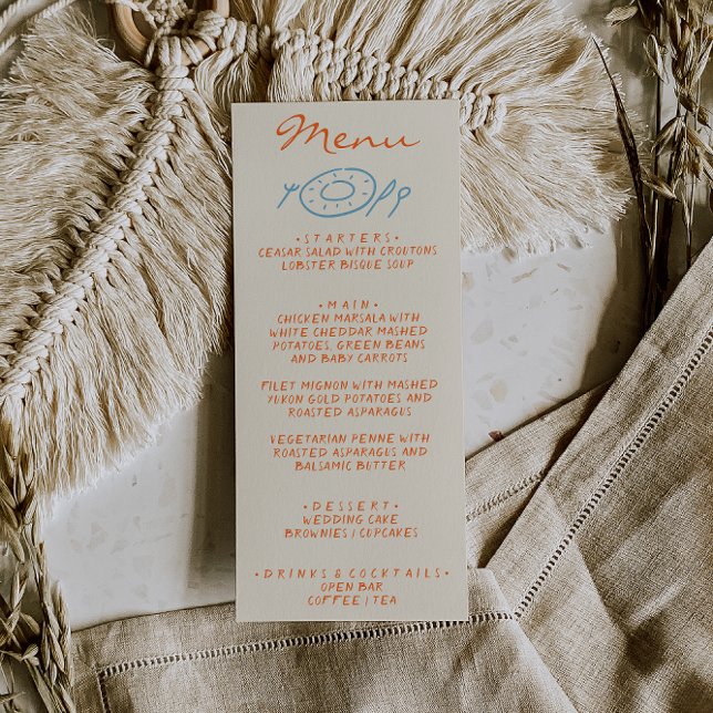 Menu Mariage Caprice Bleu Orange Dessiné à la Main (Créateur téléchargé)