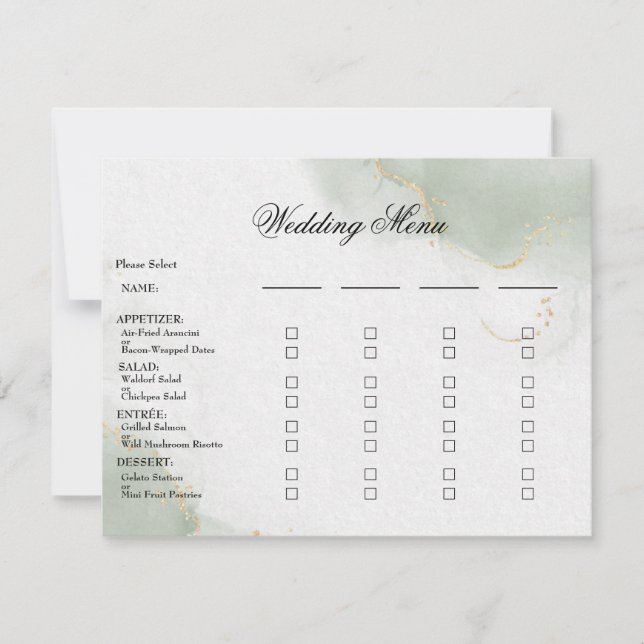 Menu mariage Carte de repas Gold Muted Sage Green (Devant)