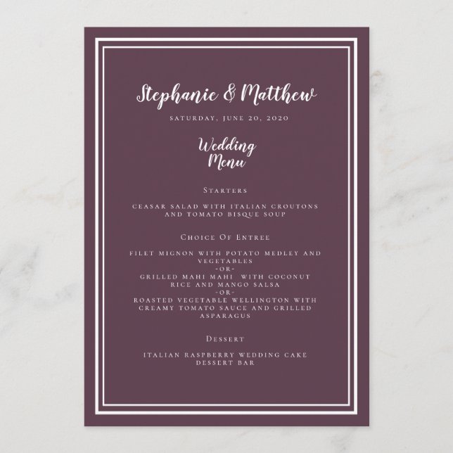 Menu Mariage Cassis Violet Simple Cadre Chic (Devant)