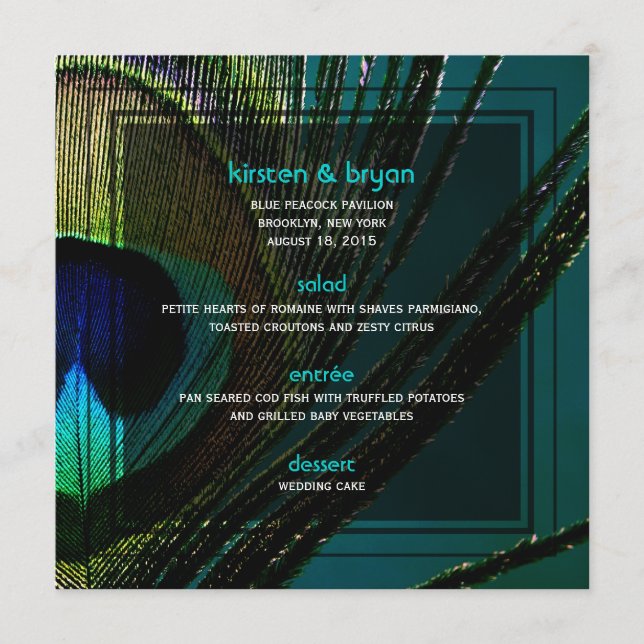 Menu Mariage chic de Boho de paon de photo colorée de (Devant)