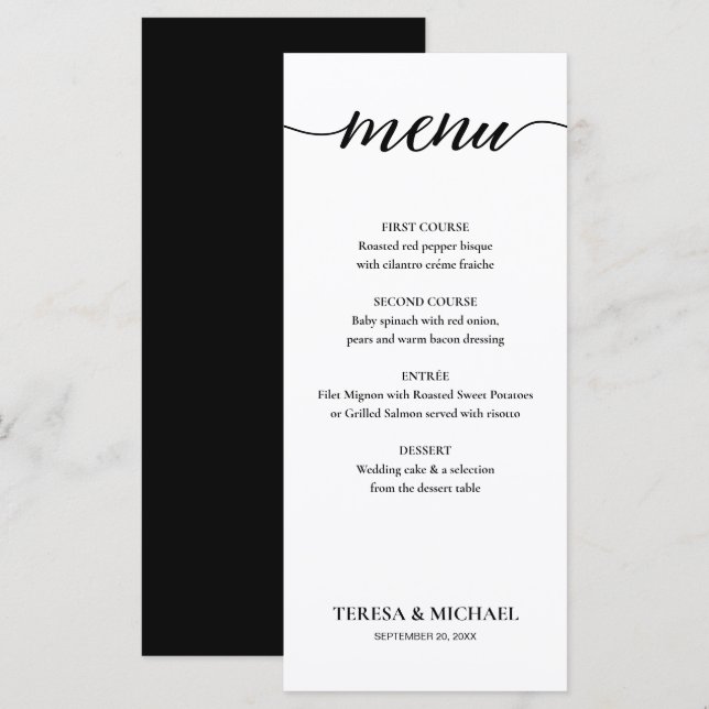 Menu Mariage chic noir et blanc simple modifiable (Devant / Derrière)