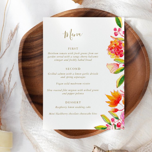 Menu Mariage chic rose orange aquarelle florale script (Créateur téléchargé)