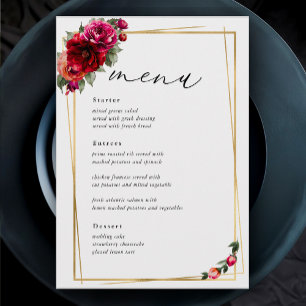 Menu Mariage chic rouge rose floral et or faux