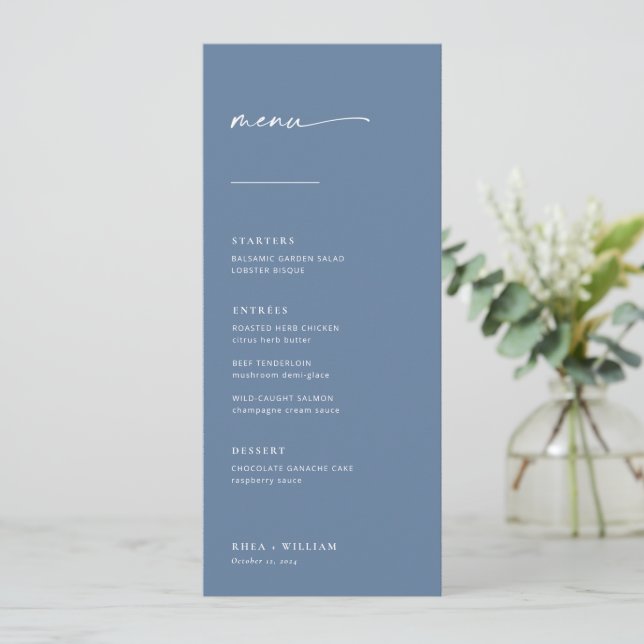 Menu Mariage Chic + Simple Script Moderne | Bleu (Debout devant)