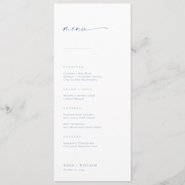 Menu Mariage Chic + Simple Script Moderne | Bleu (Devant)