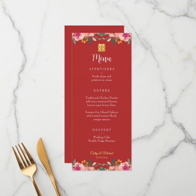 Menu Mariage chinois à fleurs de pivoine rouge double b (Devant/Arrière en situation)