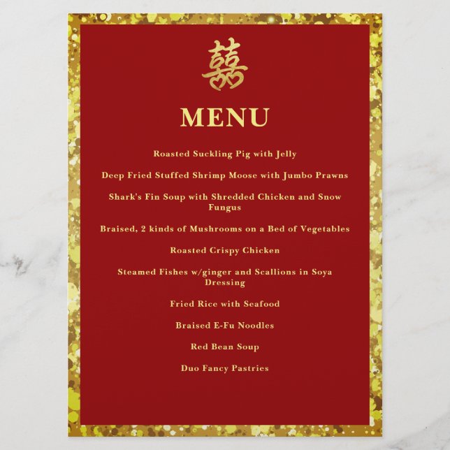 Menu Mariage chinois double coeur bonheur formel rouge (Devant)