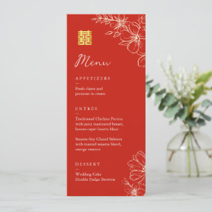 Menu Mariage chinois élégant moderne floral script roug