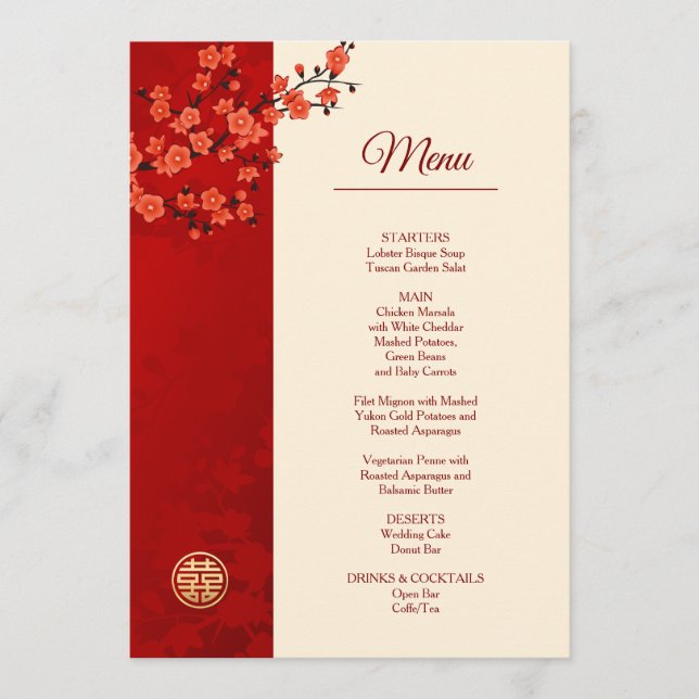 Menu Mariage chinois en fleurs de cerisiers rouges (Devant)