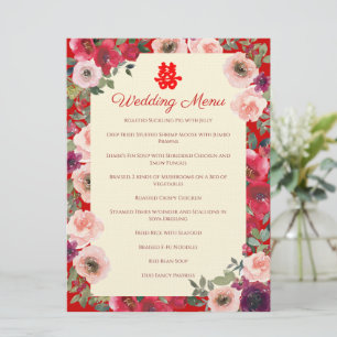 Menu mariage chinois rouge violet floral jardin