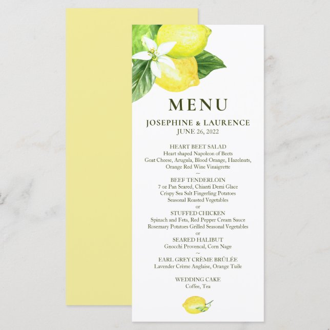 Menu Mariage citrons d'aquarelle (Devant / Derrière)