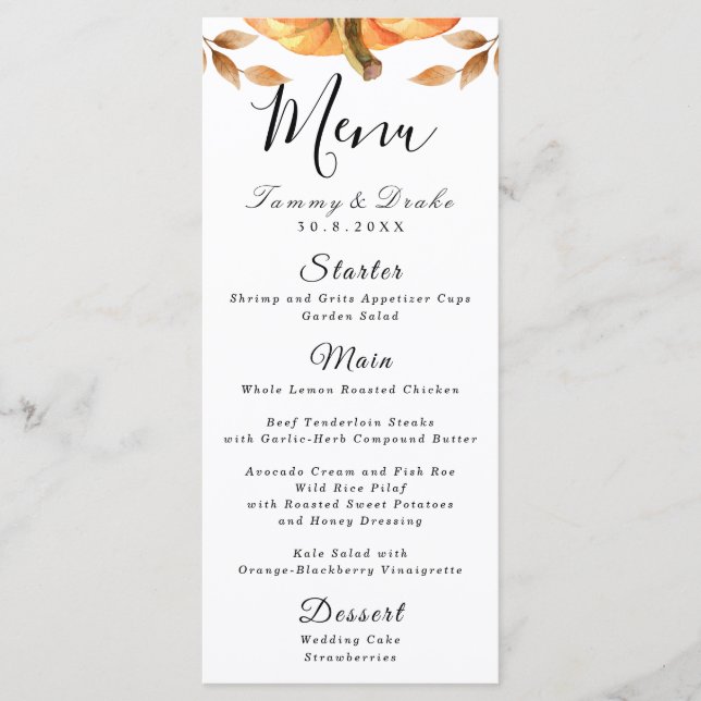 Menu Mariage Citrouille aquarelle (Devant)