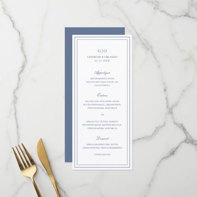 Menu Mariage classique Dusty Blue élégant (Devant/Arrière en situation)