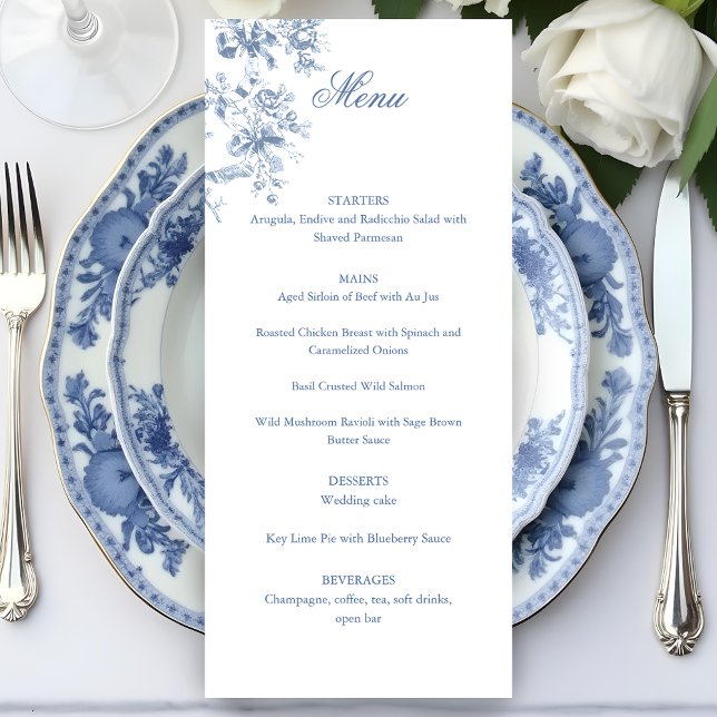 Menu Mariage Classique Fleurs et Rubans Bleu Français (Créateur téléchargé)