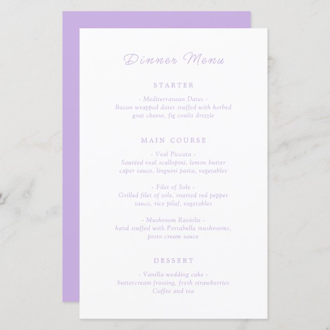 Menu Mariage classique Lilac intemporel (Devant / Derrière)