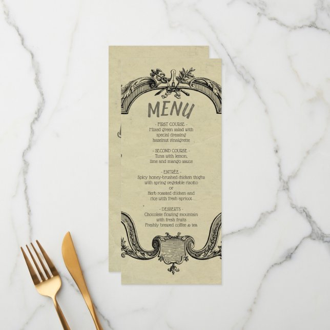 Menu Mariage classique Vintage vert noir (Devant/Arrière en situation)