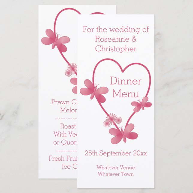 Menu mariage Coeur Rose Et Papillons (Devant / Derrière)