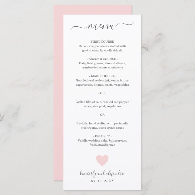 Menu Mariage Coeur rose mignon (Devant / Derrière)