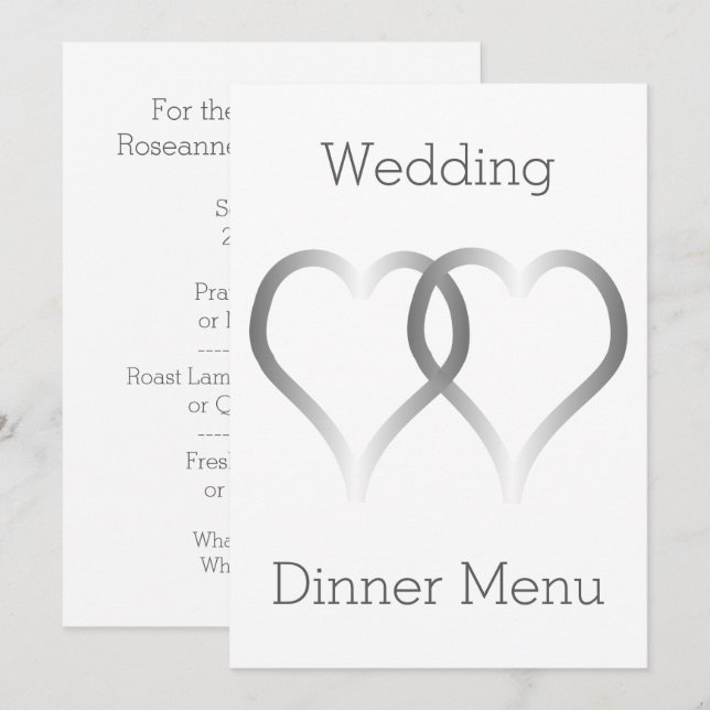 Menu mariage Coeurs argentés (Devant / Derrière)