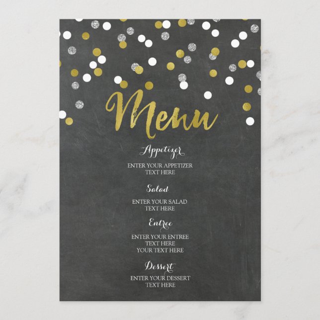 Menu Mariage Confetti du tableau de bord Gold Silv (Devant)