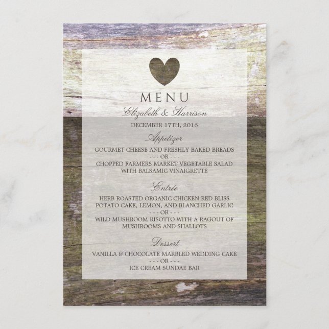 Menu Mariage Country Wood Heart (Devant)