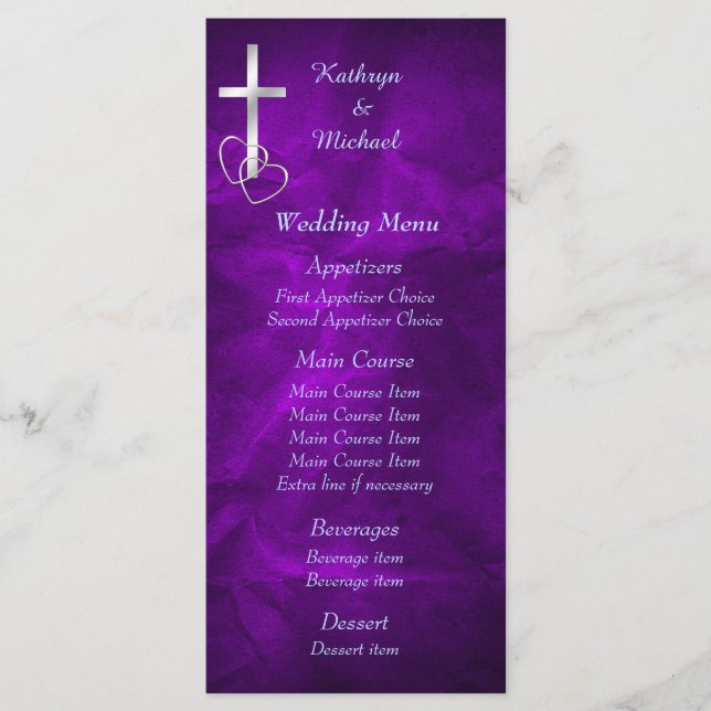 Menu Mariage Croix-Chrétienne d'Argent Violet (Devant)
