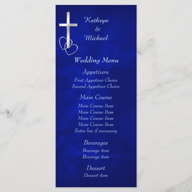 Menu Mariage Croix chrétienne en argent bleu (Devant)