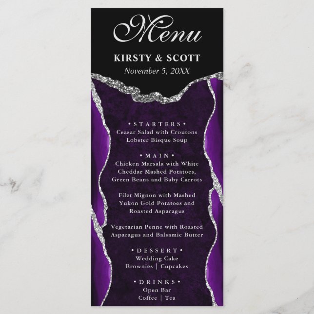 Menu Mariage d'agate de Parties scintillant violet et a (Devant)